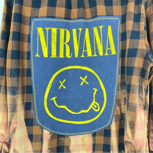 Nirvana Band Flannel Shirt Mens Unisex XL Shacket Buffalo Plaid Upcycled Brown - Picture 6 of 10